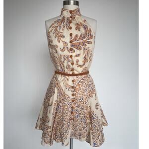 ZARA Tan Paisley Woven Belted Pleated Mini Dress / Sz S / Festival Sleeveless